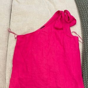 Hot pink one shoulder summer linen dress
